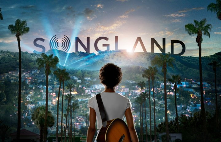 SONGLAND text and a person with guitar at the bacl