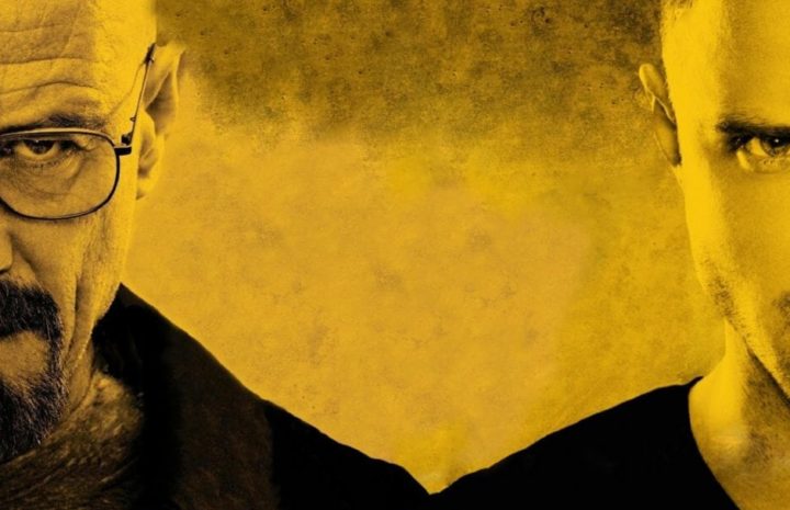 Walter White and Jesse Pinkman posing angry half face