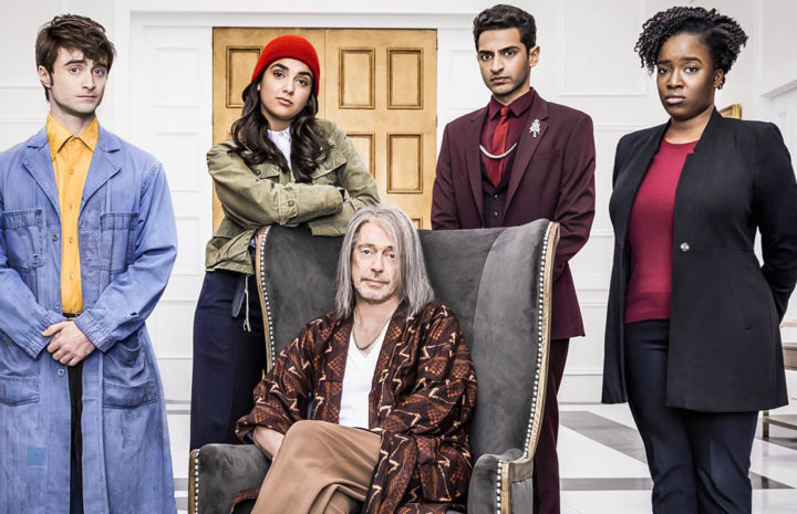 Miracle Workers Season 4 cast - 4 people standing and one sitting